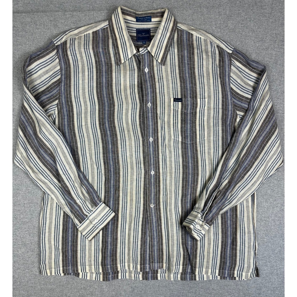 Faconnable Linen Shirt Mens‎ XXL Blue Brown Striped Long Sleeve